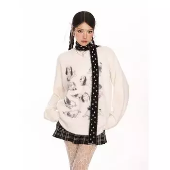 Y2k Harajuku Женский свитер Винтажный Животный Длинный рукав Японский Модный Пуловер Молодежный Свободный Тепловой Осень Зима S белый