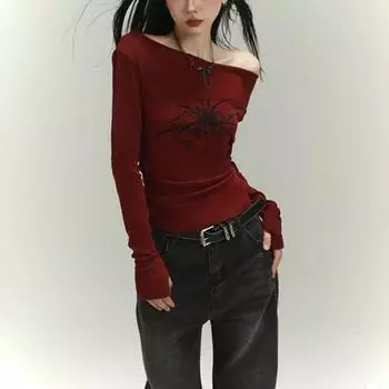 Y2k High Street футболки с длинными рукавами женские косой воротник тонкий сексуальный винтажный пуловер женский уличная одежда повседневные топы весенняя новая одежда S кларет