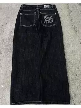 Y2K хип-хоп уличные джинсы с широкими штанинами американские модные джинсы ретро готика графическая вышивка свободные джинсы Харадзюку M