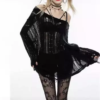 Y2k Hollow Out Black Женский вязаный свитер Прозрачный трикотаж Harajuku Готический корейский модный свитер Уличная одежда One Size белый