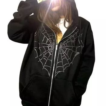 Y2K Hot Diamond Printing Art Осенние и зимние спортивные женские готические свитера Модная повседневная уличная одежда M чёрный