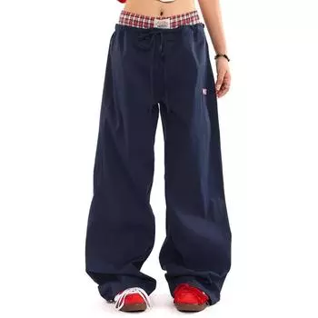 Y2k Ins Double Waist Plaid Stitching Fake Two Pieces Casual Pants Women American Retro Sports Overalls Tide Fashion Jazz Pants S темно-синий