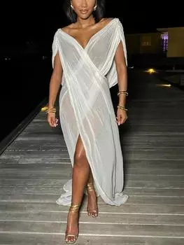 Y2k Элегантное сетчатое летнее сексуальное облегающее платье для женщин, модное повседневное платье с открытой вилкой, женское милое однотонное платье с глубоким V-образным вырезом для вечеринок и пляжа S белый