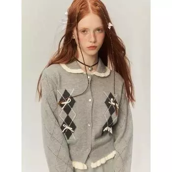 Y2k Элегантный вязаный кардиган для женщин, осень-зима, модный кавайный милый свитер с бантом в клетку, оборки S серый