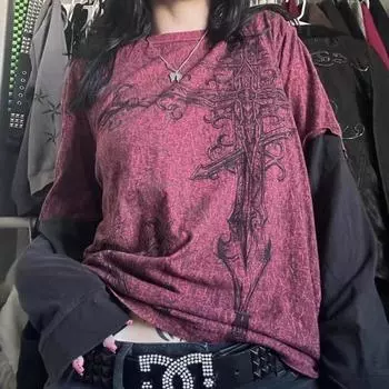 Y2K Эмо Винтаж Футболка Cross Cyber Goth Лоскутная Длинные Рукава Футболки Девушка Готика Харадзюку Свободные Топы Женщины S красный