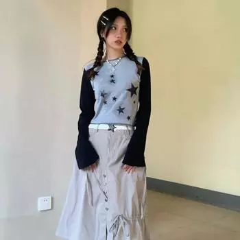 Y2k Эстетическая футболка со звездным принтом и длинными рукавами, весенняя базовая уличная одежда, укороченный топ, тонкая повседневная футболка в стиле Харадзюку контрастного цвета S серый/чёрный