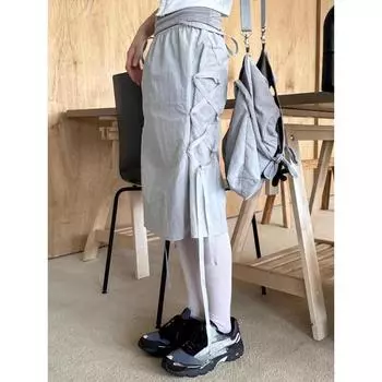 Y2k Эстетическая однотонная бандажная юбка с разрезом, уличная одежда, корейские женские юбки трапециевидной формы с высокой талией, летние повседневные летние гранжевые Faldas Mujer Moda XS чёрный