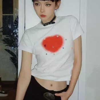 Y2k Эстетическая уличная одежда, футболки, женские футболки в американском стиле ретро в стиле гранж, Harajuku, узкие футболки с принтом Diamond Love, топы, E-gril, 2000-е годы XL белый