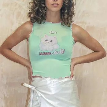 Y2k Эстетические топы на бретелях Harajuku милый укороченный топ модный топ с принтом кота повседневный сексуальный жилет S зелёный