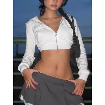 Y2K Эстетические винтажные базовые белые укороченные толстовки на молнии в стиле 2000-х годов, модные милые толстовки с длинными рукавами и большими карманами спереди S белый