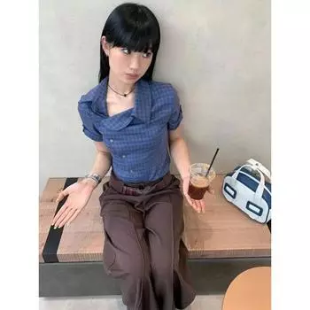 Y2k Эстетические винтажные рубашки в клетку в стиле Харадзюку, летние однобортные женские повседневные блузки, японская тонкая уличная одежда Blusas De Mujer S синий