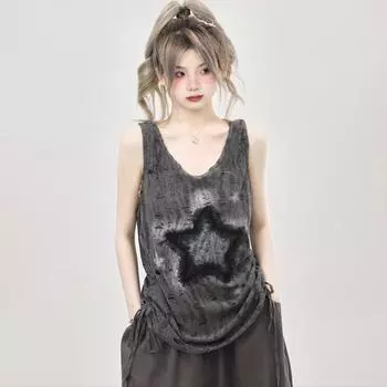 Y2k Эстетический бантик Сексуальная майка Женская уличная одежда без рукавов Повседневные майки Однотонные модные универсальные кружевные укороченные топы со звездами S абрикосовый