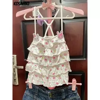 Y2k Эстетический летний жилет с вышивкой, японский мультяшный принт, милый каваи, милая майка в стиле Харадзюку, женские топы с открытой спиной и рюшами S белый