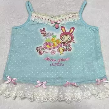 Y2k Эстетический мультяшный принт Лолита майки женские японские Kawaii кружевной лоскутный жилет Harajuku готический панк топы с бантом S синий