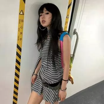 Y2k Эстетическое платье с бретелькой на бретельках в японском стиле 2000-х годов, серое короткое платье в полоску, винтажное мини-платье с открытой спиной в стиле Харадзюку, гранж S серый