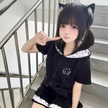 Y2k Kawaii Sweet Футболки женские в японском стиле Harajuku пэчворк дизайн кошачий принт свободные футболки топы мягкие летние для девочек S чёрный