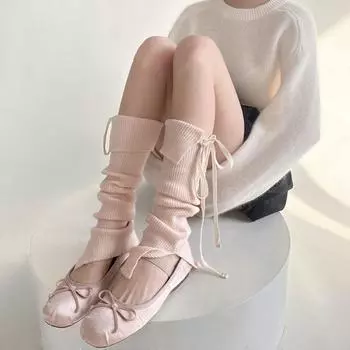 Y2K Knit Banding Leggings Sweet Ballet Knee High Socks Solid Color Women s Stockings Winter чёрный