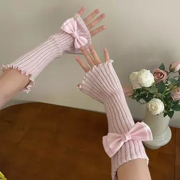 Y2k Knitted Bow Gloves Gothic Fingerless Gloves Casual Wool Sleeve Cuff Winter белый