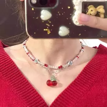 Y2K красное вишневое сердце бисерное колье женское бохо бусины вишневое ожерелье кулон винтажное нестандартное ожерелье ювелирные изделия