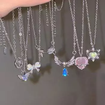 Y2K Кристалл Лук Крылья Ангела Сердце Кулон Ожерелье Для Женщин Милая Прохладная Цепочка На Ключицу Для Девочек Модные Эстетические Ювелирные Изделия Аксессуары