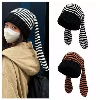 Y2K Кроличьи Уши Шапка Вязаная Полосатая Шапка Череп Повседневная Женская Шапка Бини Шапка Девочка чёрный/белый