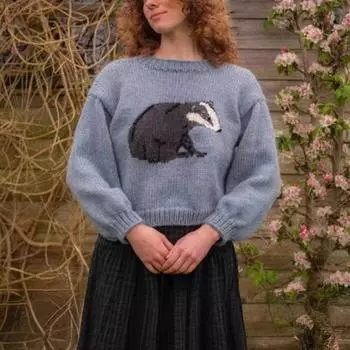 Y2K круглый вырез с длинными рукавами жаккардовый узор с животными Харадзюку ретро вязаный свитер уличная одежда высокая уличная одежда M