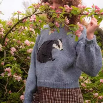 Y2K круглый вырез с длинными рукавами жаккардовый узор с животными Харадзюку ретро вязаный свитер уличная одежда высокая уличная одежда M