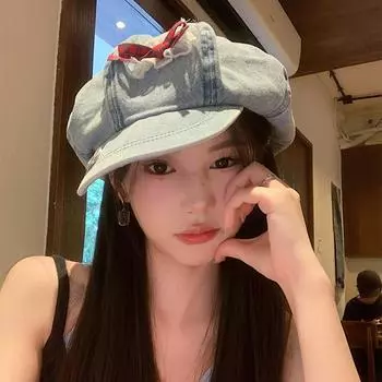 Y2K кружевной бант дизайн облако береты шапки для женщин показать лицо маленький летний осень повседневный универсальный корейский ретро джинсовый восьмиугольная шляпа 56-58cm