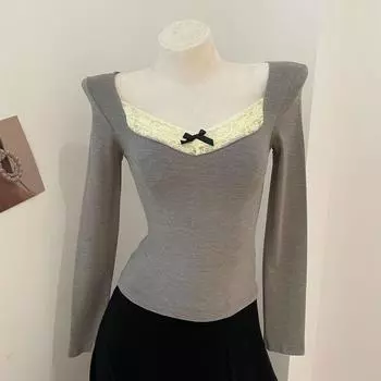 Y2K кружевные рубашки с бантом, узкий укороченный топ, шикарные топы с длинным рукавом для девочек M серый