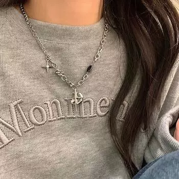 Y2K кубинское ожерелье Figaro с подвеской в виде звезды и луны в стиле панк с черным цирконием