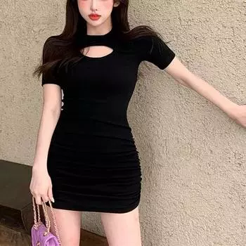 Y2K летнее мини-женское однотонное обтягивающее плиссированное облегающее элегантное платье с запахом ягодиц M чёрный