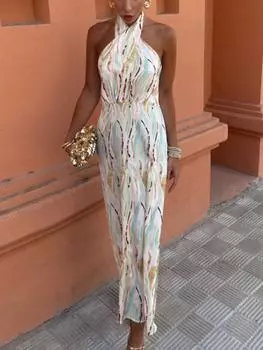 Y2k Летнее сексуальное платье с принтом на шее Женское модное элегантное платье без рукавов с открытой спиной Женское ретро с V-образным вырезом Женская праздничная одежда S синий