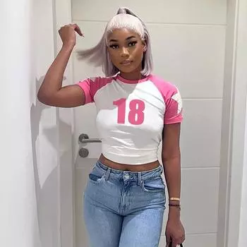 Y2K Летний пуловер с круглым вырезом Spicy Girl с принтом звезд и буквами контраста с короткими рукавами и открытым пупком Европейская и американская женская футболка S розовый