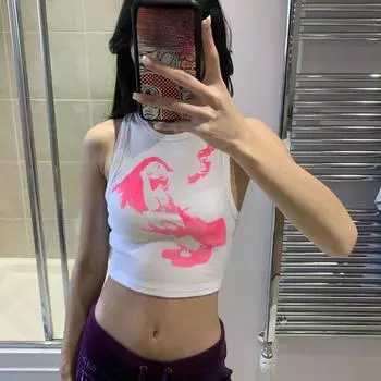 Y2K Летний Ретро пуловер с круглым вырезом без рукавов с принтом уличный топ безрукавка для женщин S чёрный