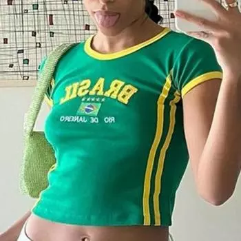 Y2K Летняя футболка в стиле ретро с вышитыми буквами и коротким рукавом с открытым пупком, короткое платье, женский топ S