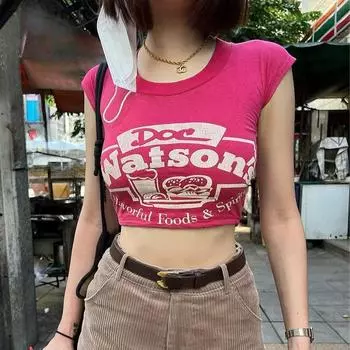 Y2K летняя новая модная футболка с короткими рукавами и принтом в стиле ретро, сексуальный облегающий короткий топ для женщин S розовый