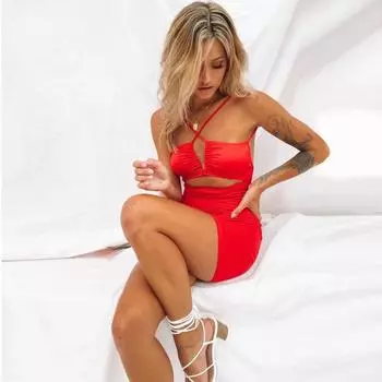 Y2K летняя женская сексуальная полая юбка на бедрах с запахом, однотонная облегающая юбка с открытой спиной и подвесным ремнем, короткая юбка M красный