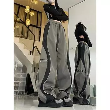 Y2K Line Design Брюки Женские Карманы на шнурке Широкие шикарные брюки в стиле панк Мешковатые полосатые спортивные спортивные штаны Парашютные брюки для бега S серый