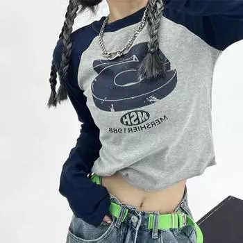 Y2K лоскутные футболки женские винтажные укороченные топы с надписью женский топ с круглым вырезом и длинными рукавами женские модные повседневные тонкие футболки весна-осень 2XL 62-75kg армия зеленый