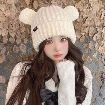 Y2K Медвежьи ушки утолщенные шапки женские мягкие плюшевые защитные уши симпатичные вязаные корейские шерстяные шапки крутые шапочки ручной работы для девочек хаки