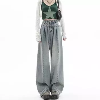 Y2k мешковатые джинсы, женские синие джинсовые брюки с высокой талией, уличная одежда, длинные брюки 2000-х годов, винтажные оверсайз 90-х годов, корейская мода M светло-синий