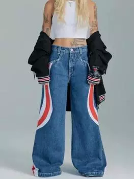 Y2k мешковатые синие джинсы женские винтажные уличные джинсы с низкой талией американские ретро гранжевые радужные широкие брюки с запахом S синий
