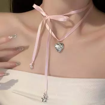 Y2K Милая розовая лента Love Frame Ожерелье Милая звезда Искусственный жемчуг Подвеска Цепь День рождения Модные ювелирные изделия Аксессуары