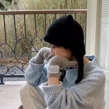 Y2K Милая вязаная шапка Теплая вязаная шапка Милые медвежьи ушки Шапки-бини для улицы белый