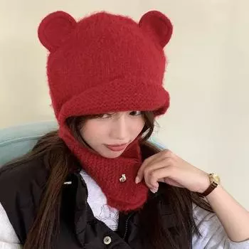 Y2K Милая вязаная шапка Теплая вязаная шапка Теплые медвежьи ушки Шапки-бини для улицы белый