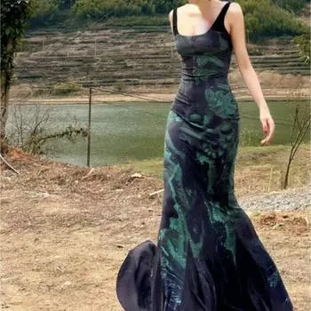 Y2k милое элегантное длинное платье уличная одежда корейское винтажное женское платье с открытой спиной «рыбий хвост» модная туника с тонкой талией Vestidos S чёрный