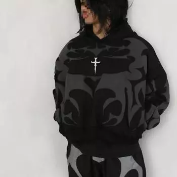 Y2K Мужская и женская хип-хоп ретро абстрактным узором принтованная готическая толстовка с капюшоном Harajuku S чёрный