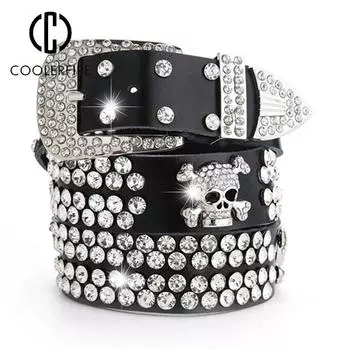 Y2k мужской и женский ремень с черепом, ремень с заклепками и стразами, панк-эмо, гот, женский ремень из искусственной кожи для джинсов, мужской ремешок NV023 110cm