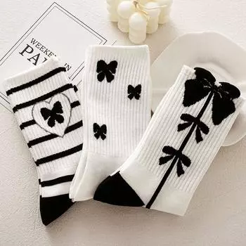 Y2k Носки с бантом в стиле Лолиты, милые клубнично-белые носки, хлопковые полосатые носки, комплект, 5 пар, Harajuku, корейский стиль One Size