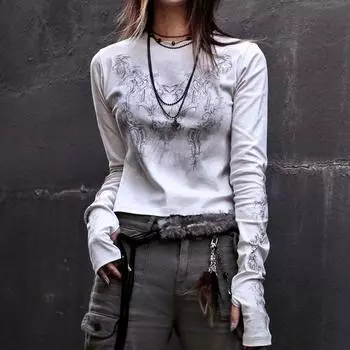 Y2K Новый женский топ с длинными рукавами, готическая темная одежда S белый